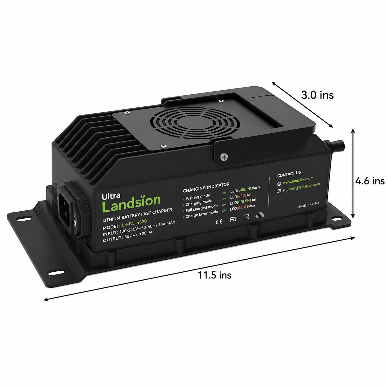 Black Landsion Charger with Measurements Landsion 36V/48V Smart Bluetooth Golf Cart Charger (Ul Certified) - Image 2