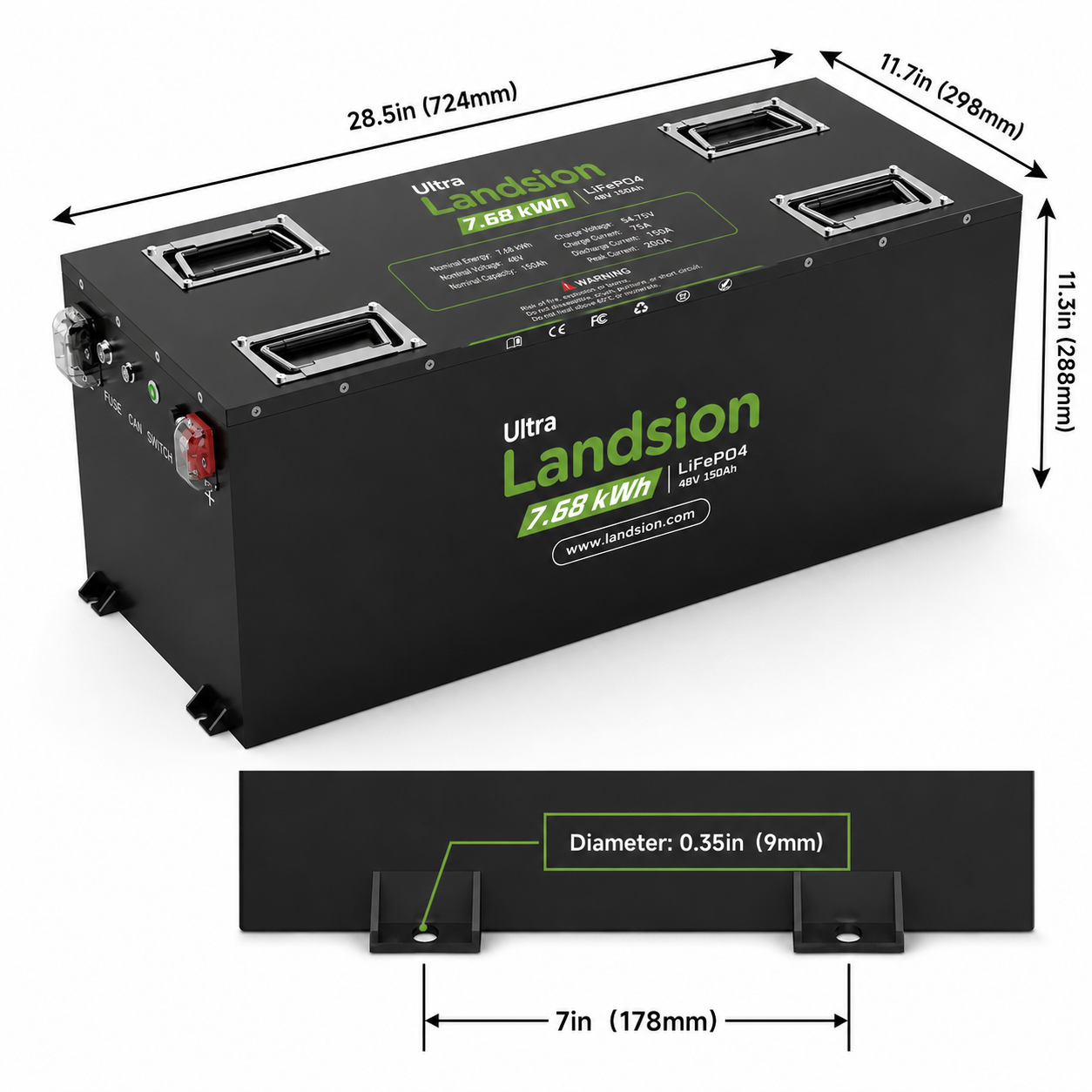Black LiFePO4 Battery Product Infographic Landsion 48V 150Ah Lifepo4 Golf Cart Lithium Battery Infographic And Diagram